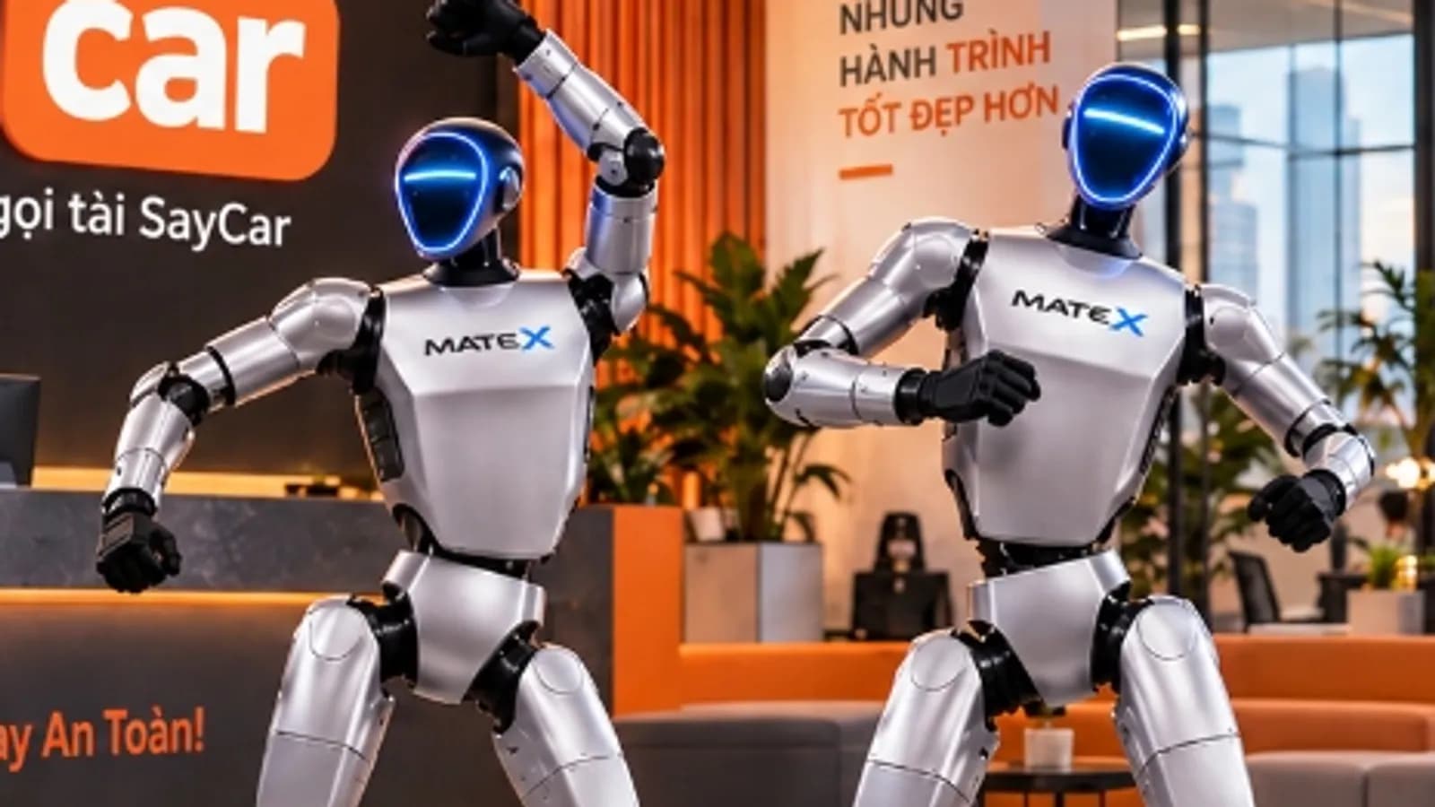 Robot MATE X chào khách giữa lối đi hội chợ triển lãm, khách giơ điện thoại chụp ảnh