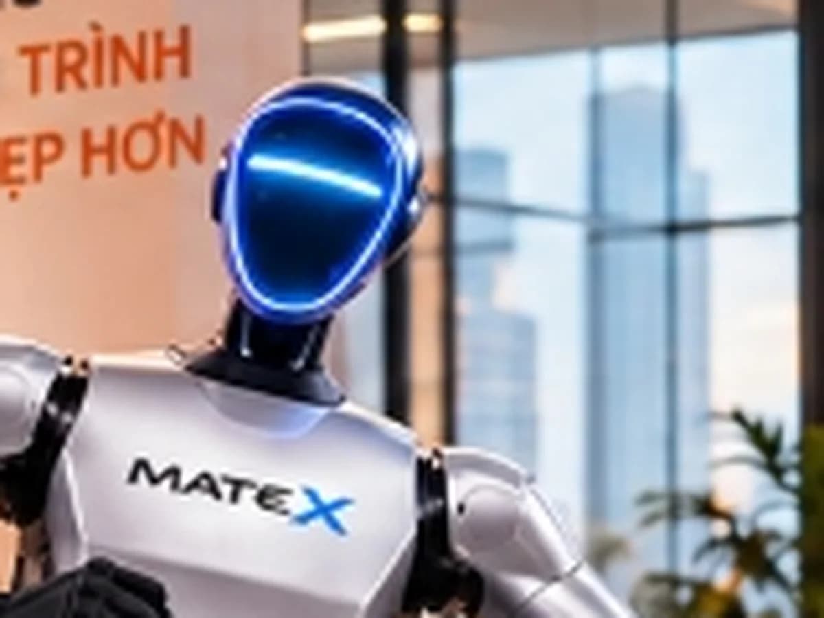 Chi tiết đầu robot MATE X: visor đen, vòng LED xanh