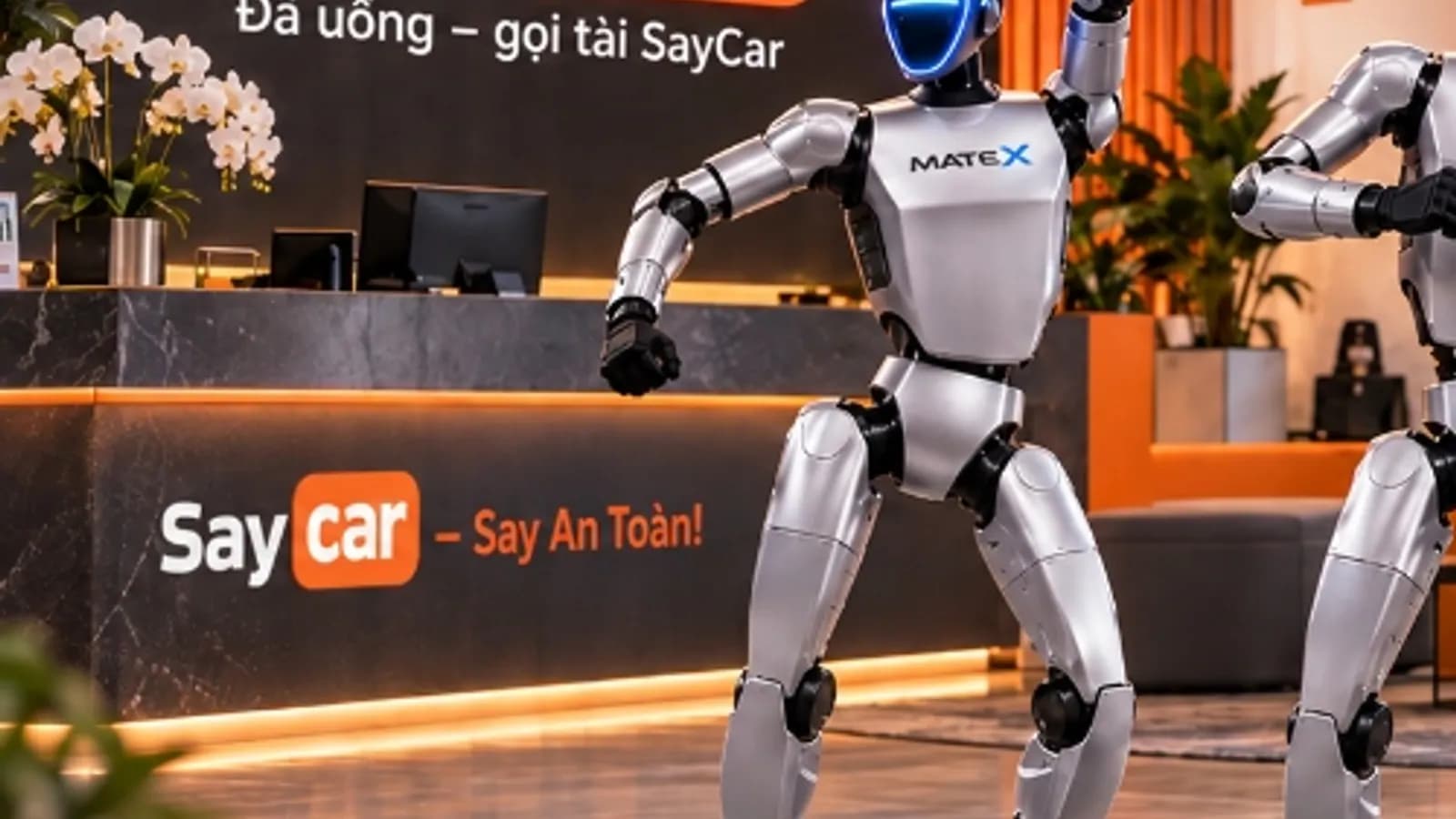Robot MATE X đứng ở đầu dải băng đỏ, khách mời chờ nghi thức cắt băng khai trương