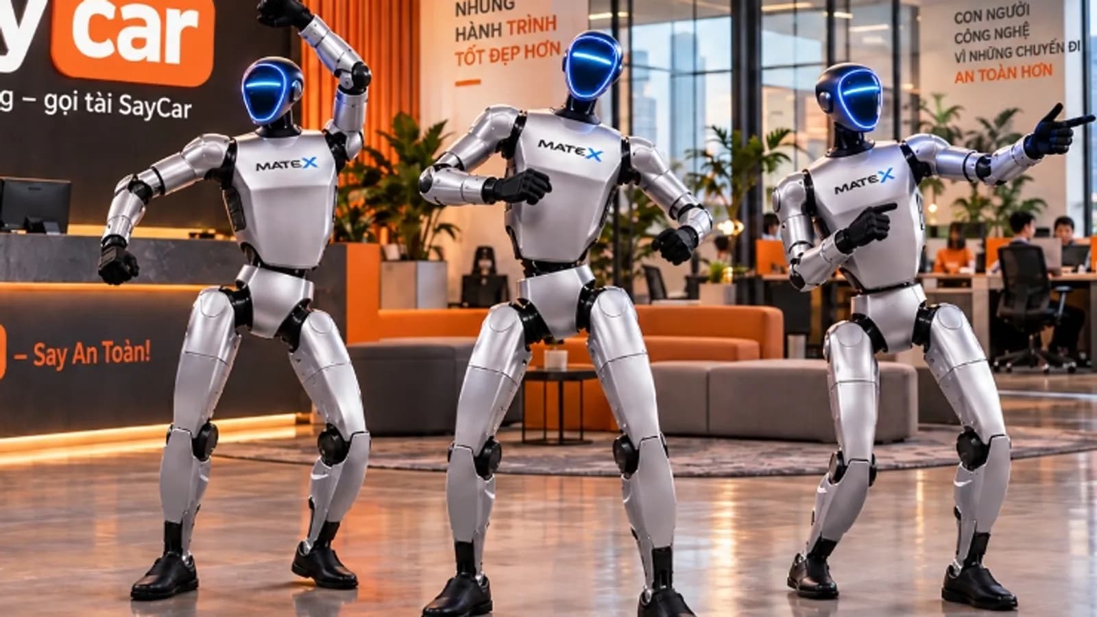 Hai robot MATE X tạo dáng cùng khách trước màn hình LED tại sự kiện trải nghiệm thương hiệu