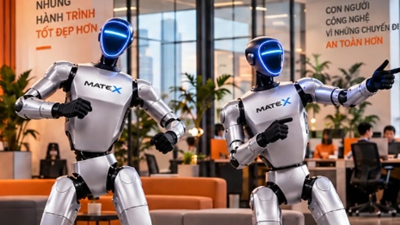 Hai robot MATE X vẫy tay chào và chỉ hướng khách mời trên thảm đỏ lễ khai trương