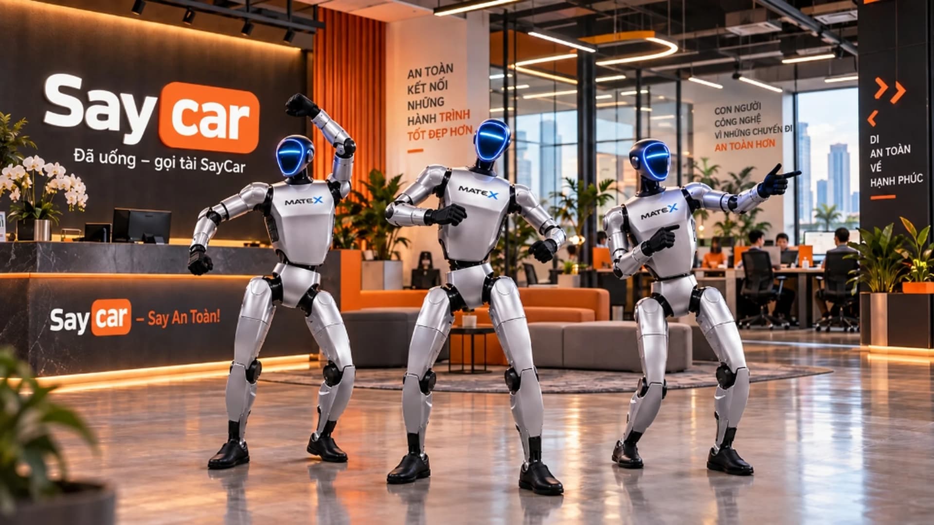 Ba robot hình người MATE X thân kim loại bạc, visor đen viền LED xanh đứng cùng nhau tại sự kiện