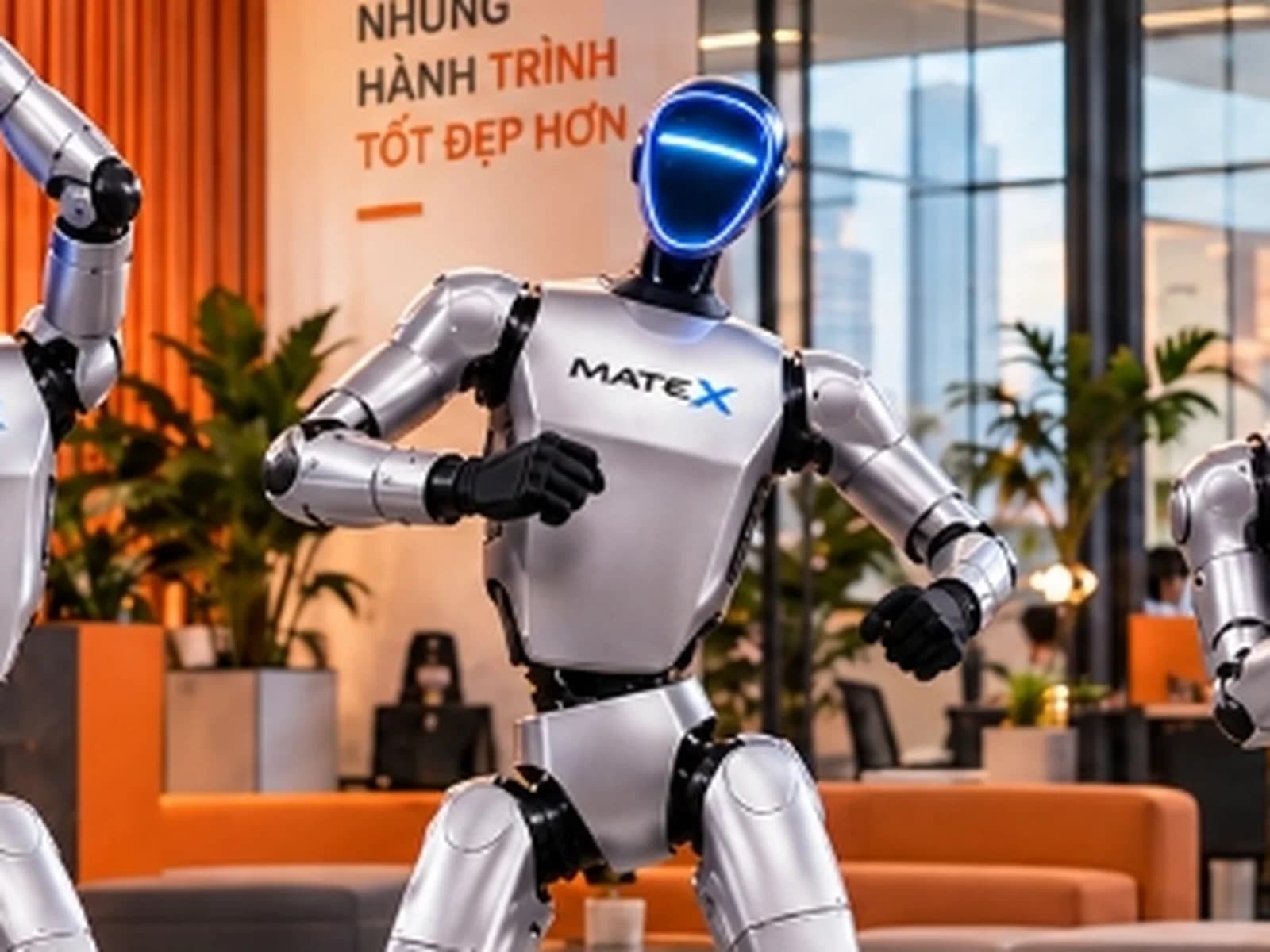 Cận cảnh robot MATE X với visor đen và vòng LED xanh quanh mặt