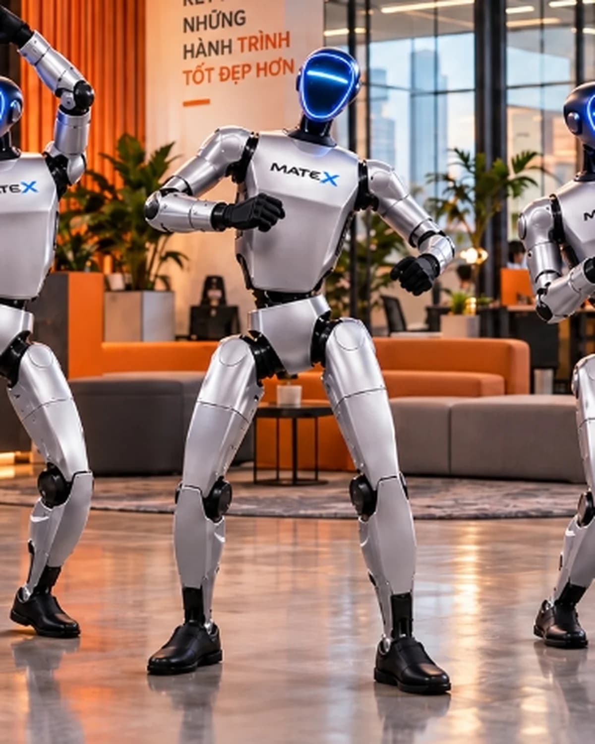 Robot hình người MATE X đứng trực diện trong studio, thân kim loại bạc